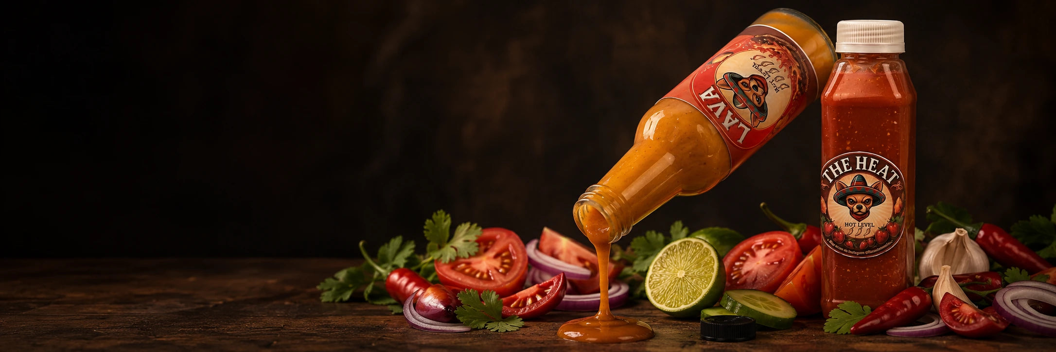 Flaco’s Lava pouring beside The Heat, with fresh tomatoes, lime, chilis, garlic and cilantro on a wooden table