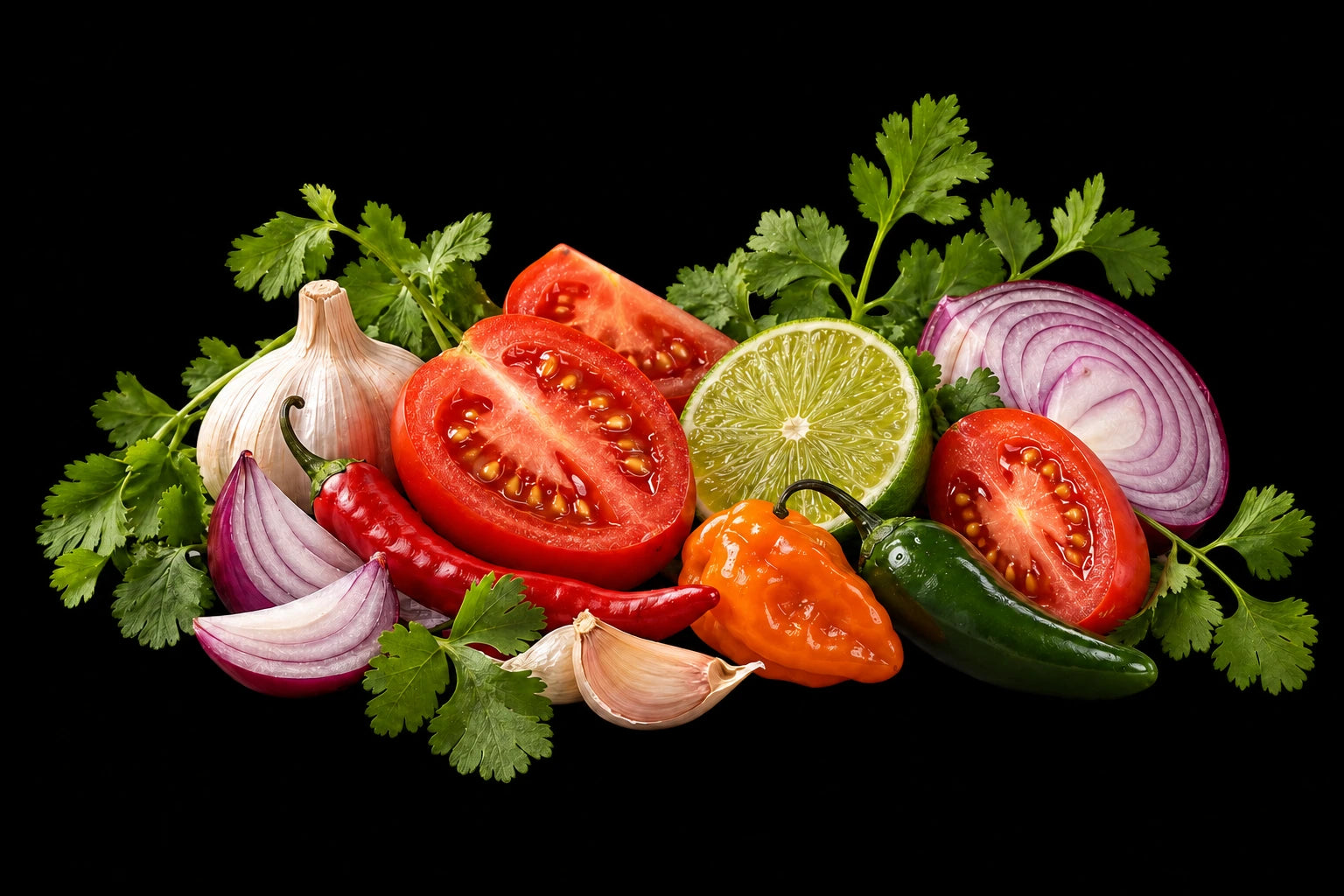 Fresh tomatoes, lime, peppers, red onion, garlic and cilantro — the ingredients behind our family recipes